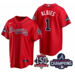 Men's Red Atlanta Braves #1 Ozzie Albies 2021 World Series Champions With 150th Anniversary Patch Cool Base Stitched Jersey