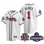 Men's White Atlanta Braves #1 Ozzie Albies 2021 World Series Champions With 150th Anniversary Patch Cool Base Stitched Jersey