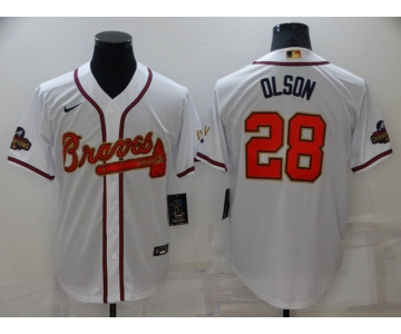 Men's Atlanta Braves #28 Matt Olson 2022 White Gold World Series Champions Program Cool Base Stitched Baseball Jersey