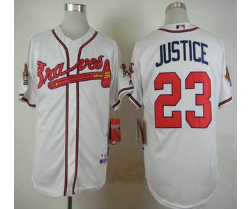 Atlanta Braves #23 David Justice Home White MLB Cool Base Jersey With 1995 World Series 30th Season Patch