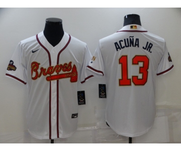 Men's Atlanta Braves #13 Ronald Acuna Jr 2022 White Gold World Series Champions Program Cool Base Stitched Baseball Jersey