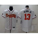 Men's Atlanta Braves #13 Ronald Acuna Jr 2022 White Gold World Series Champions Program Flex Base Stitched Baseball Jersey