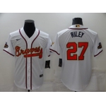 Men's Atlanta Braves #27 Austin Riley 2022 White Gold World Series Champions Program Cool Base Stitched Baseball Jersey