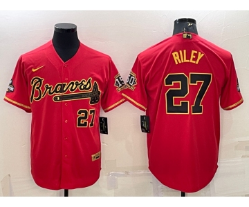 Men's Atlanta Braves #27 Austin Riley Red Gold World Series Champions Program Cool Base Stitched Baseball Jersey