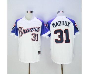 Men's Atlanta Braves #31 Greg Maddux Retired White 1973 Majestic Cooperstown Collection Throwback Jersey