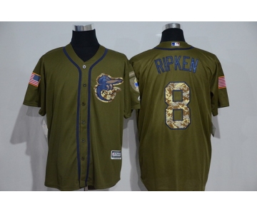 Men's Baltimore Orioles #8 Cal Ripken Retired Green Salute to Service Majestic Baseball Jersey