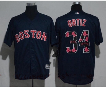 Men's Boston Red Sox #34 David Ortiz Navy Blue Team Logo Ornamented Stitched MLB Majestic Cool Base Jersey