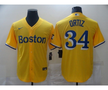 Men Boston Red Sox 34 Ortiz Yellow Game 2021 Nike MLB Jerseys