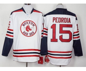 Men's Boston Red Sox #15 Dustin Pedroia Home White Long Sleeve Baseball Jersey