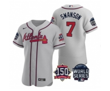Men Atlanta Braves 7 Dansby Swanson 2021 Gray World Series With 150th Anniversary Patch Stitched Baseball Jersey