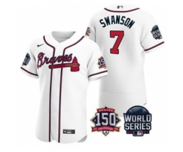 Men Atlanta Braves 7 Dansby Swanson 2021 White World Series With 150th Anniversary Patch Stitched Baseball Jersey