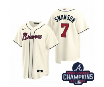 Men Nike Atlanta Braves 7 Dansby Swanson Cream Alternate Stitched Baseball Stitched MLB 2021 Champions Patch Jersey
