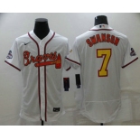 Men's Atlanta Braves #7 Dansby Swanson White Gold 2021 World Series Champions Stitched MLB Flex Base Jersey