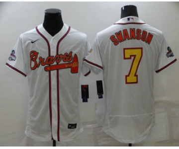 Men's Atlanta Braves #7 Dansby Swanson White Gold 2021 World Series Champions Stitched MLB Flex Base Jersey