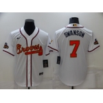 Men's Atlanta Braves#7 Dansby Swanson 2022 White Gold World Series Champions Program Cool Base Stitched Baseball Jersey