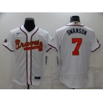 Men's Atlanta Braves#7 Dansby Swanson 2022 White Gold World Series Champions Program Flex Base Stitched Baseball Jersey