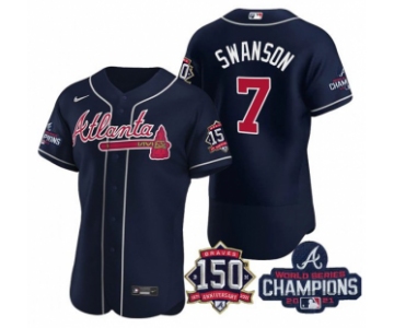 Men's Navy Atlanta Braves #7 Dansby Swanson 2021 World Series Champions With 150th Anniversary Flex Base Stitched Jersey