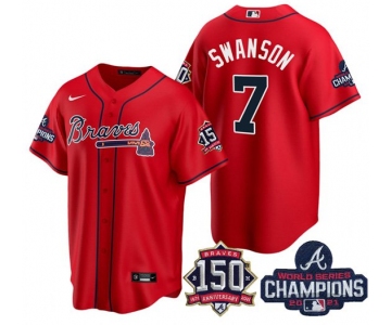 Men's Red Atlanta Braves #7 Dansby Swanson 2021 World Series Champions With 150th Anniversary Patch Cool Base Stitched Jersey