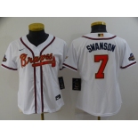 Women's Atlanta Braves #7 Dansby Swanson 2022 White Gold World Series Champions Program Cool Base Stitched Baseball Jersey