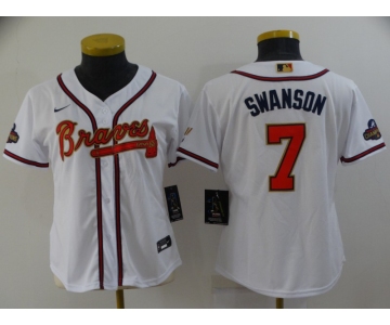Women's Atlanta Braves #7 Dansby Swanson 2022 White Gold World Series Champions Program Cool Base Stitched Baseball Jersey
