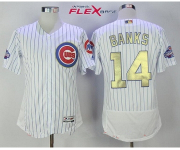 Men's Chicago Cubs #14 Ernie Banks Retired White World Series Champions Gold Stitched MLB Majestic 2017 Flex Base Jersey