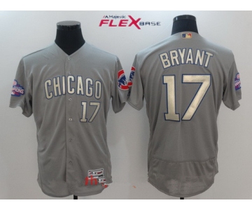 Men's Chicago Cubs #17 Kris Bryant Gray World Series Champions Gold Stitched MLB Majestic 2017 Flex Base Jersey