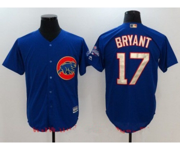 Men's Chicago Cubs #17 Kris Bryant Royal Blue World Series Champions Gold Stitched MLB Majestic 2017 Cool Base Jersey