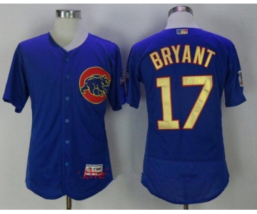 Men's Chicago Cubs #17 Kris Bryant Royal Blue World Series Champions Gold Stitched MLB Majestic 2017 Flex Base Jersey