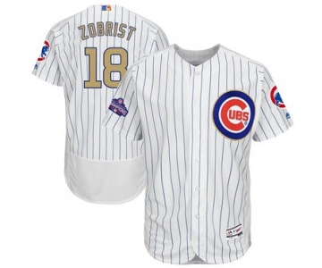Men's Chicago Cubs #18 Ben Zobrist White World Series Champions Gold Stitched MLB Majestic 2017 Flex Base Jersey