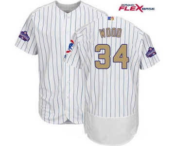 Men's Chicago Cubs #34 Kerry Wood White World Series Champions Gold Stitched MLB Majestic 2017 Flex Base Jersey