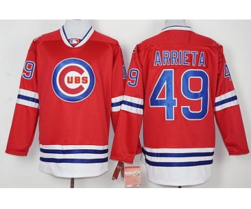 Men's Chicago Cubs #49 Jake Arrieta Red Long Sleeve Baseball Jersey