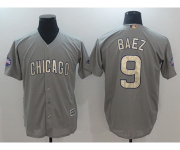 Men's Chicago Cubs #9 Javier Baez Gray World Series Champions Gold Stitched MLB Majestic 2017 Cool Base Jersey