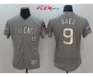 Men's Chicago Cubs #9 Javier Baez Gray World Series Champions Gold Stitched MLB Majestic 2017 Flex Base Jersey