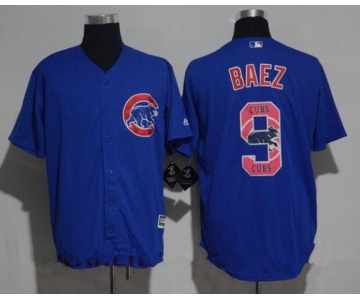 Men's Chicago Cubs #9 Javier Baez Royal Blue Team Logo Ornamented Stitched MLB Majestic Cool Base Jersey