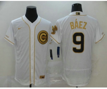 Men's Chicago Cubs #9 Javier Baez White Golden Stitched MLB Flex Base Nike Jersey
