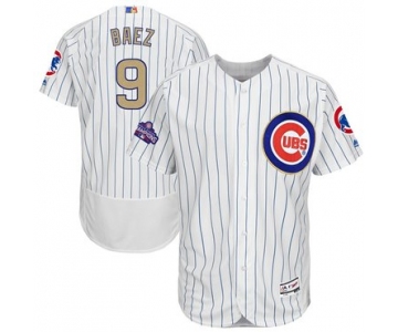 Men's Chicago Cubs #9 Javier Baez White World Series Champions Gold Stitched MLB Majestic 2017 Flex Base Jersey