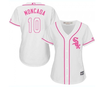 White Sox #10 Yoan Moncada White Pink Fashion Women's Stitched Baseball Jersey