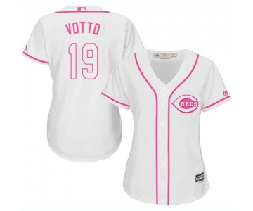 Reds #19 Joey Votto White Pink Fashion Women's Stitched Baseball Jersey