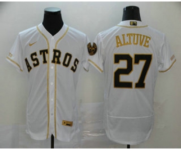 Men's Houston Astros #27 Jose Altuve White With Gold Stitched MLB Flex Base Nike Jersey