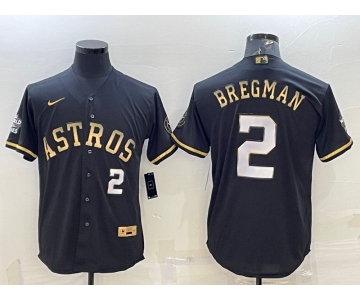 Men's Houston Astros #2 Alex Bregman Number Black Gold 2022 World Series Stitched Baseball Jersey