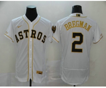 Men's Houston Astros #2 Alex Bregman White With Gold Stitched MLB Flex Base Nike Jersey