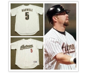 Men's Houston Astros #5 Jeff Bagwell White Pinstirpe 2001 Throwback Stitched MLB Majestic Cooperstown Collection Jersey