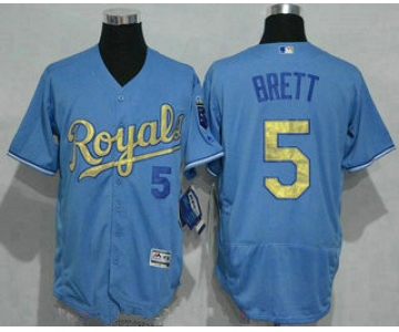 Men's Kansas City Royals #5 George Brett Retired Light Blue 2015 World Series Champions Gold Program Flex Base Jersey