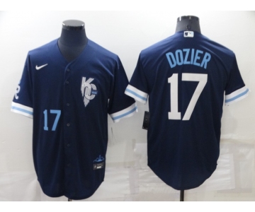 Men's Kansas City Royals #17 Hunter Dozier Number 2022 Navy Blue City Connect Cool Base Stitched Jersey