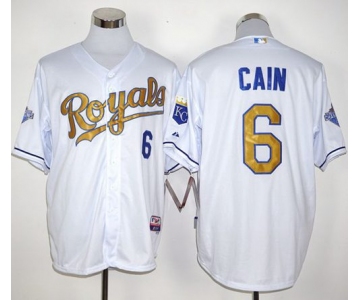 Royals #6 Lorenzo Cain White 2015 World Series Champions Gold Program Stitched MLB Jersey