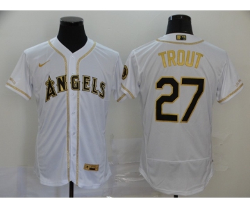 Men's Los Angeles Angels #27 Mike Trout White With Gold Stitched MLB Flex Base Nike Jersey