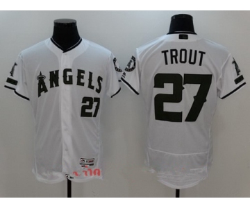 Men's Los Angeles Angels Of Anaheim #27 Mike Trout White with Green Memorial Day Stitched MLB Majestic Flex Base Jersey