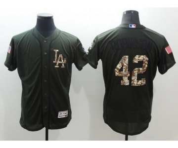 Men's Brooklyn Dodgers #42 Jackie Robinson Retired Green Salute to Service 2016 Flexbase Majestic Baseball Jersey