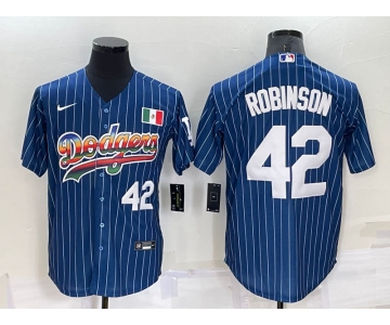 Men's Los Angeles Dodgers #42 Jackie Robinson Number Rainbow Blue Red Pinstripe Mexico Cool Base Nike Jersey