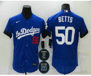 Men's Los Angeles Dodgers #50 Mookie Betts Blue #2 #20 Patch City Connect Flex Base Stitched Jersey